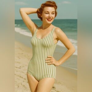 Green and white striped one-piece bathing suit